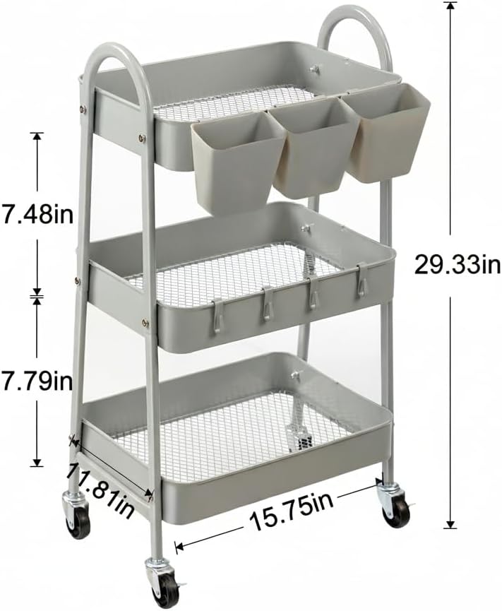 3-Tier Rolling Cart, Utility Cart Mobile Metal Rolling Storage Cart with Lockable Wheels & Hanging Cups & Hooks for Kitchen, Bathroom, Office, Workshop, Yellow