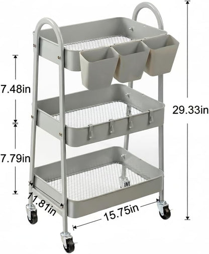 3-Tier Rolling Cart, Utility Cart Mobile Metal Rolling Storage Cart with Lockable Wheels & Hanging Cups & Hooks for Kitchen, Bathroom, Office, Workshop, Yellow
