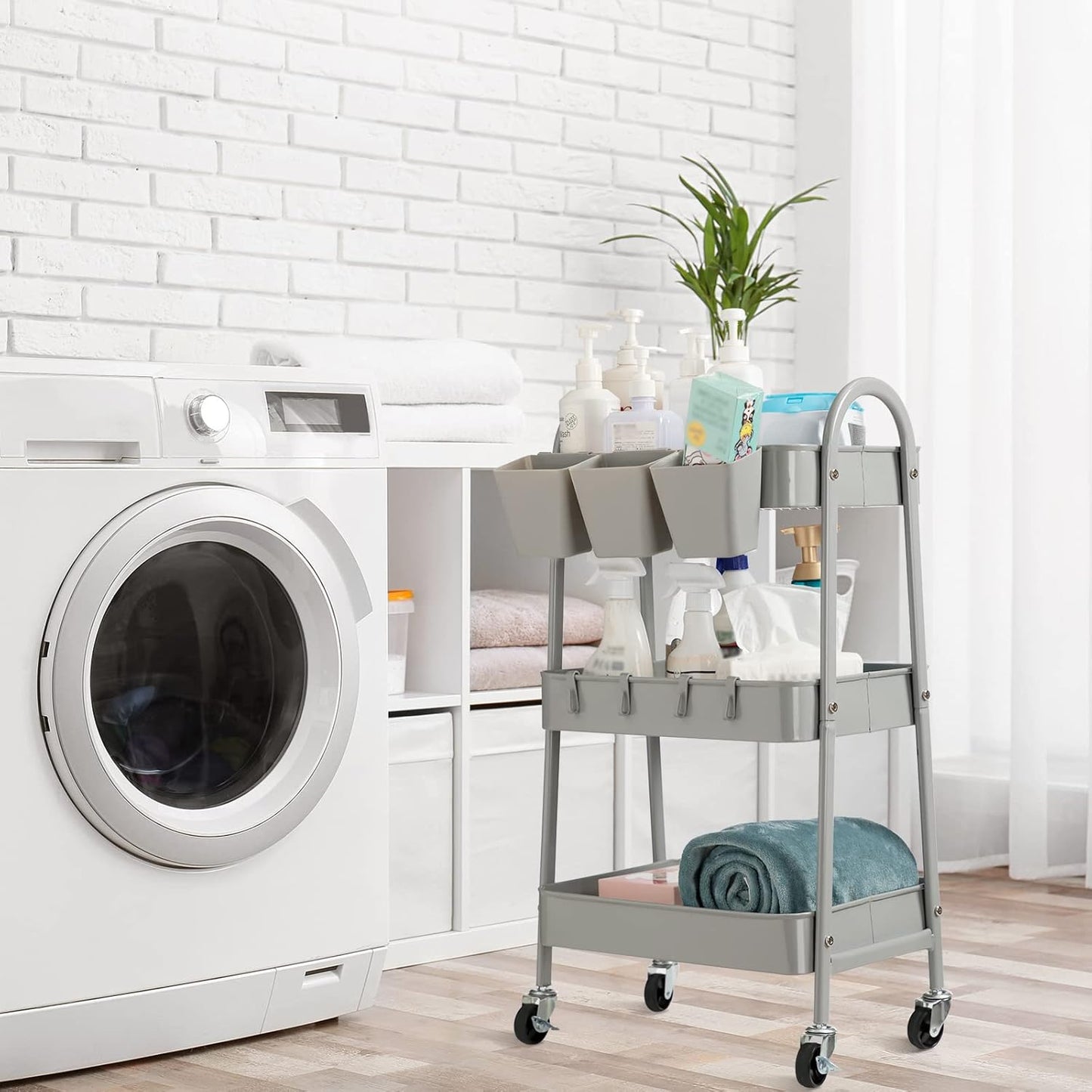 3-Tier Rolling Cart, Utility Cart Mobile Metal Rolling Storage Cart with Lockable Wheels & Hanging Cups & Hooks for Kitchen, Bathroom, Office, Workshop, Yellow