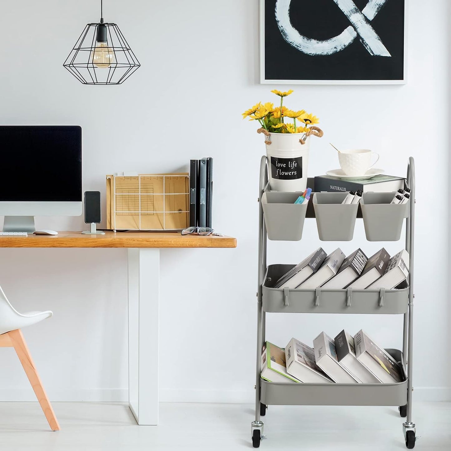 3-Tier Rolling Cart, Utility Cart Mobile Metal Rolling Storage Cart with Lockable Wheels & Hanging Cups & Hooks for Kitchen, Bathroom, Office, Workshop, Yellow