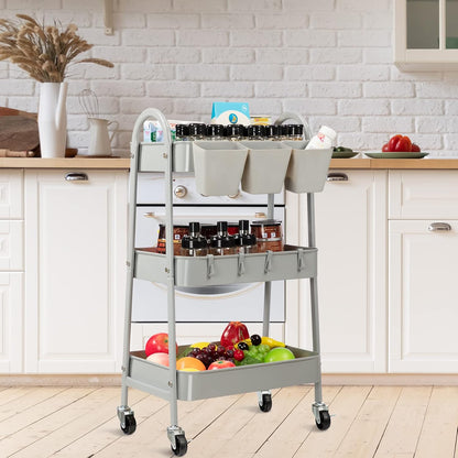 3-Tier Rolling Cart, Utility Cart Mobile Metal Rolling Storage Cart with Lockable Wheels & Hanging Cups & Hooks for Kitchen, Bathroom, Office, Workshop, Yellow
