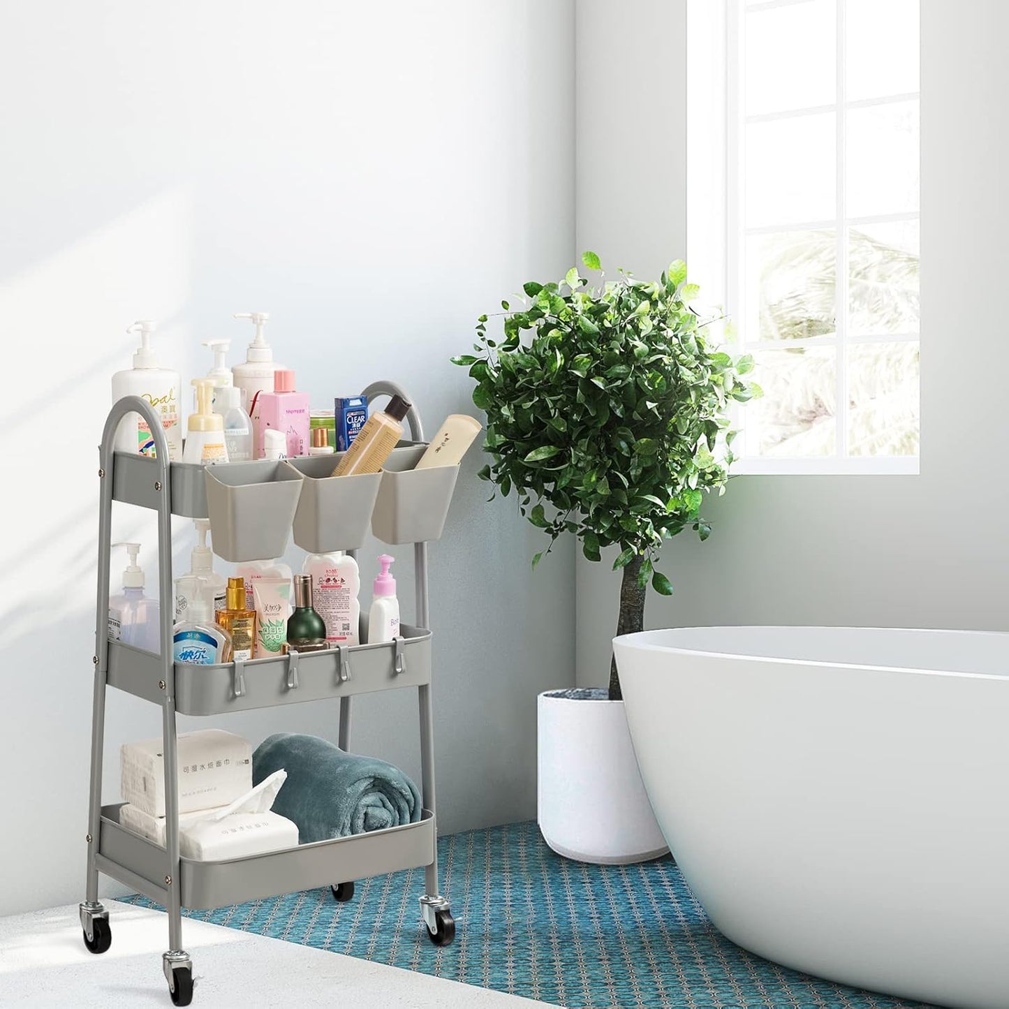 3-Tier Rolling Cart, Utility Cart Mobile Metal Rolling Storage Cart with Lockable Wheels & Hanging Cups & Hooks for Kitchen, Bathroom, Office, Workshop, Yellow