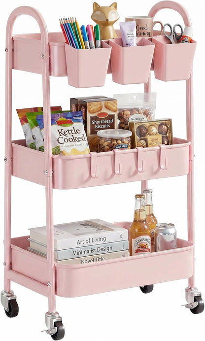 3-Tier Rolling Cart, Utility Cart Mobile Metal Rolling Storage Cart with Lockable Wheels & Hanging Cups & Hooks for Kitchen, Bathroom, Office, Workshop, Yellow