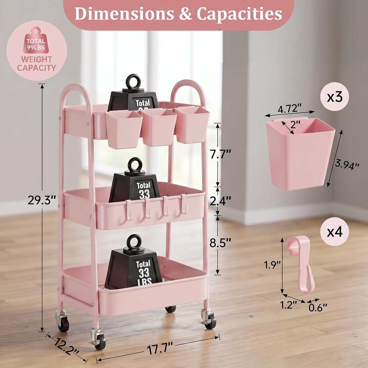 3-Tier Rolling Cart, Utility Cart Mobile Metal Rolling Storage Cart with Lockable Wheels & Hanging Cups & Hooks for Kitchen, Bathroom, Office, Workshop, Yellow