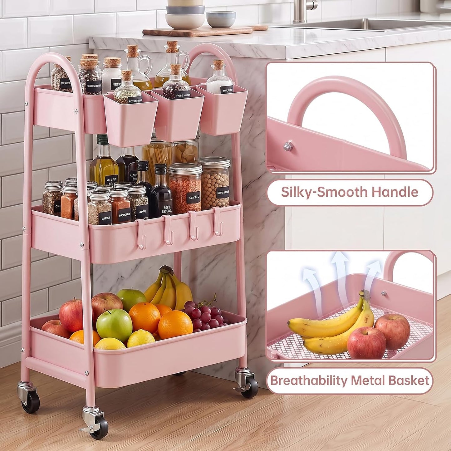 3-Tier Rolling Cart, Utility Cart Mobile Metal Rolling Storage Cart with Lockable Wheels & Hanging Cups & Hooks for Kitchen, Bathroom, Office, Workshop, Yellow