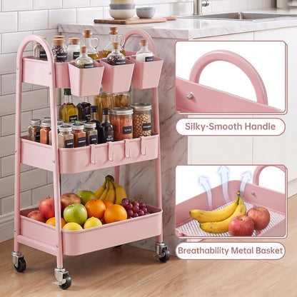 3-Tier Rolling Cart, Utility Cart Mobile Metal Rolling Storage Cart with Lockable Wheels & Hanging Cups & Hooks for Kitchen, Bathroom, Office, Workshop, Yellow