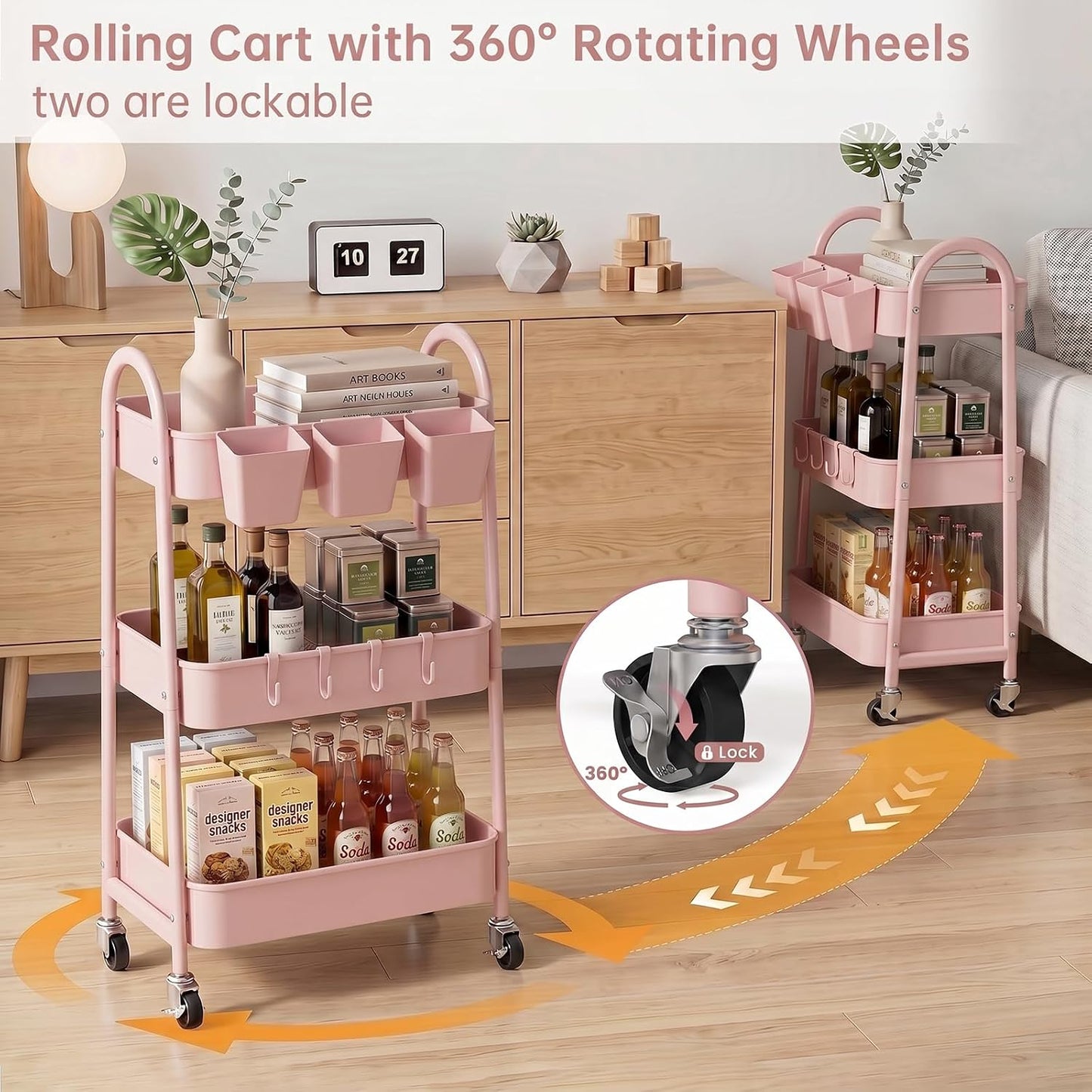 3-Tier Rolling Cart, Utility Cart Mobile Metal Rolling Storage Cart with Lockable Wheels & Hanging Cups & Hooks for Kitchen, Bathroom, Office, Workshop, Yellow