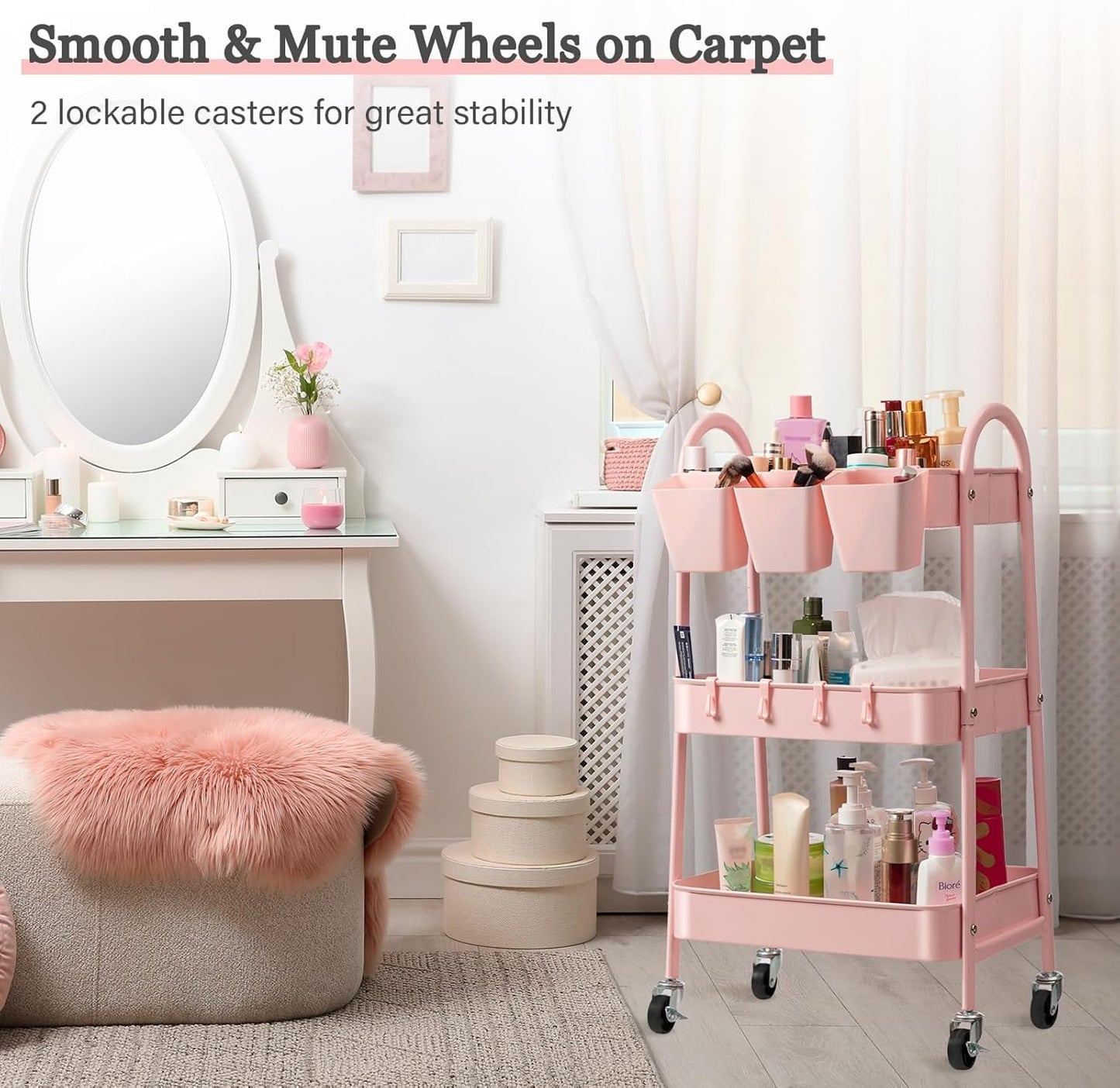 3-Tier Rolling Cart, Utility Cart Mobile Metal Rolling Storage Cart with Lockable Wheels & Hanging Cups & Hooks for Kitchen, Bathroom, Office, Workshop, Yellow