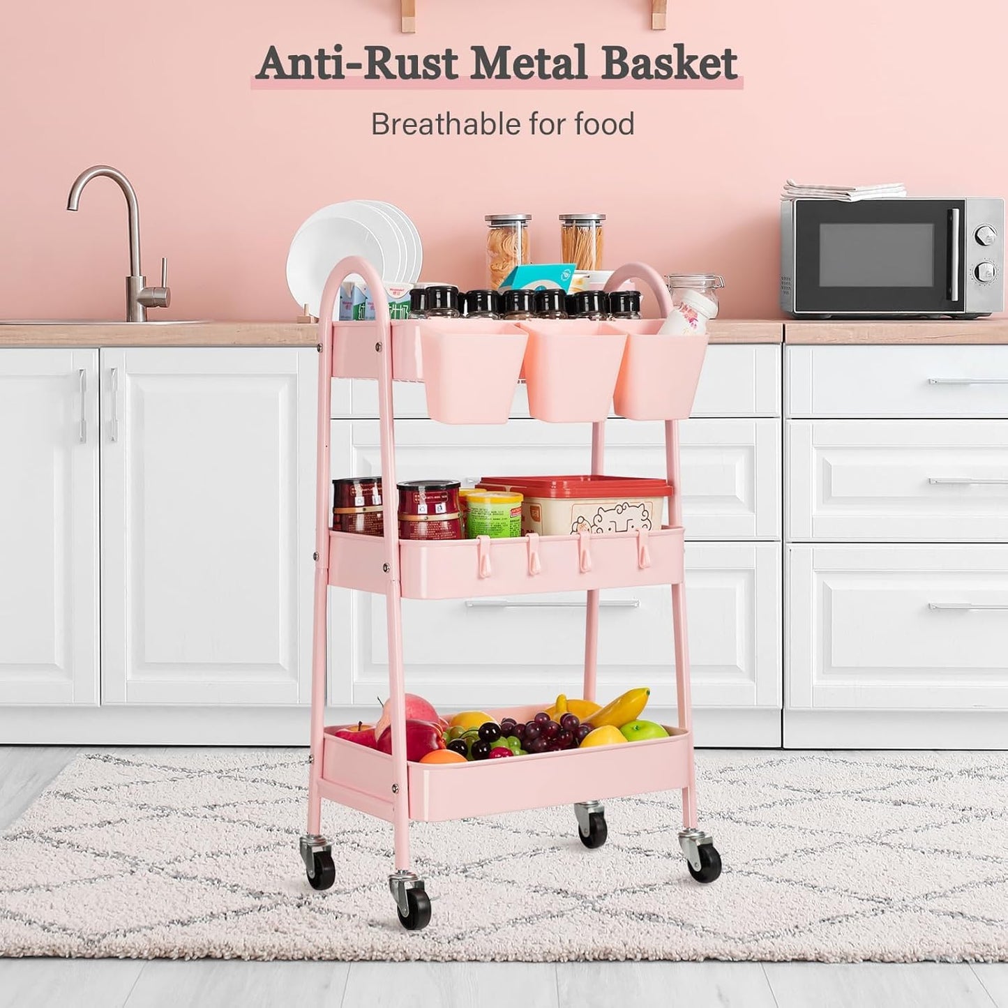 3-Tier Rolling Cart, Utility Cart Mobile Metal Rolling Storage Cart with Lockable Wheels & Hanging Cups & Hooks for Kitchen, Bathroom, Office, Workshop, Yellow