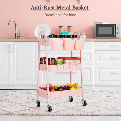 3-Tier Rolling Cart, Utility Cart Mobile Metal Rolling Storage Cart with Lockable Wheels & Hanging Cups & Hooks for Kitchen, Bathroom, Office, Workshop, Yellow