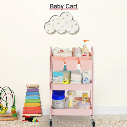 3-Tier Rolling Cart, Utility Cart Mobile Metal Rolling Storage Cart with Lockable Wheels & Hanging Cups & Hooks for Kitchen, Bathroom, Office, Workshop, Yellow