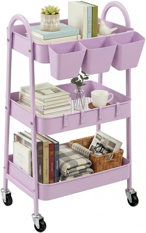 3-Tier Rolling Cart, Utility Cart Mobile Metal Rolling Storage Cart with Lockable Wheels & Hanging Cups & Hooks for Kitchen, Bathroom, Office, Workshop, Yellow