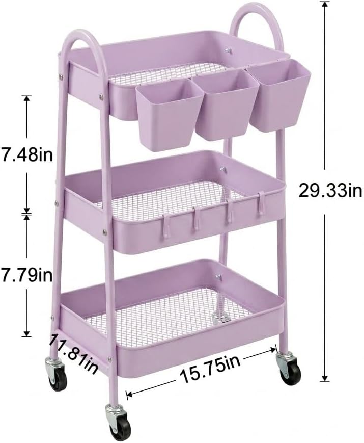 3-Tier Rolling Cart, Utility Cart Mobile Metal Rolling Storage Cart with Lockable Wheels & Hanging Cups & Hooks for Kitchen, Bathroom, Office, Workshop, Yellow