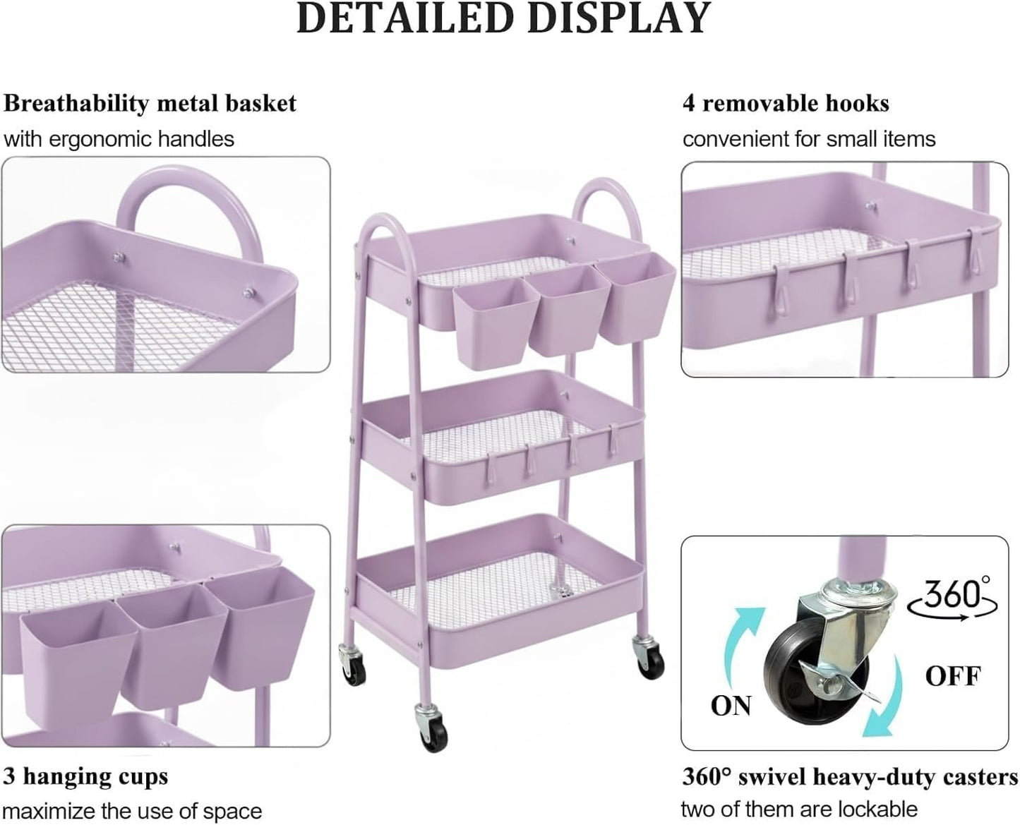 3-Tier Rolling Cart, Utility Cart Mobile Metal Rolling Storage Cart with Lockable Wheels & Hanging Cups & Hooks for Kitchen, Bathroom, Office, Workshop, Yellow