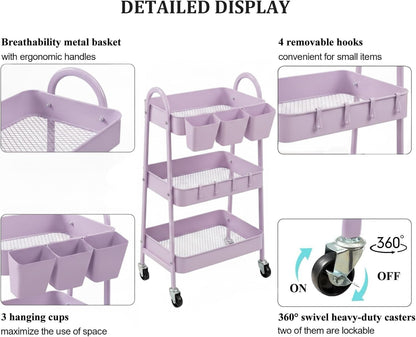 3-Tier Rolling Cart, Utility Cart Mobile Metal Rolling Storage Cart with Lockable Wheels & Hanging Cups & Hooks for Kitchen, Bathroom, Office, Workshop, Yellow