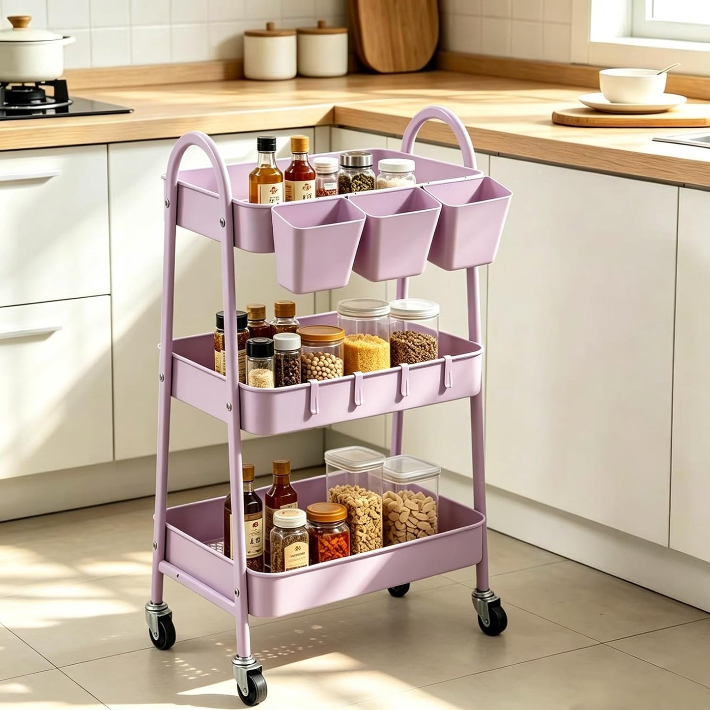 3-Tier Rolling Cart, Utility Cart Mobile Metal Rolling Storage Cart with Lockable Wheels & Hanging Cups & Hooks for Kitchen, Bathroom, Office, Workshop, Yellow