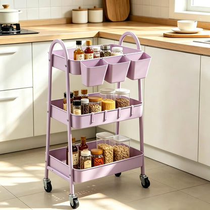 3-Tier Rolling Cart, Utility Cart Mobile Metal Rolling Storage Cart with Lockable Wheels & Hanging Cups & Hooks for Kitchen, Bathroom, Office, Workshop, Yellow