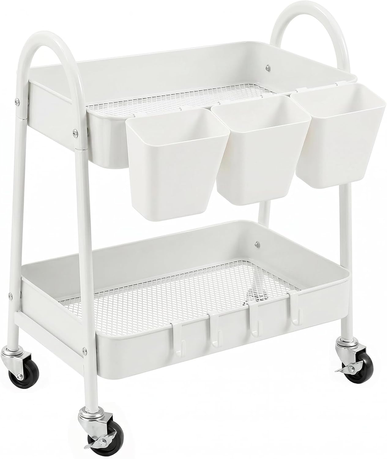 3-Tier Rolling Cart, Utility Cart Mobile Metal Rolling Storage Cart with Lockable Wheels & Hanging Cups & Hooks for Kitchen, Bathroom, Office, Workshop, Yellow