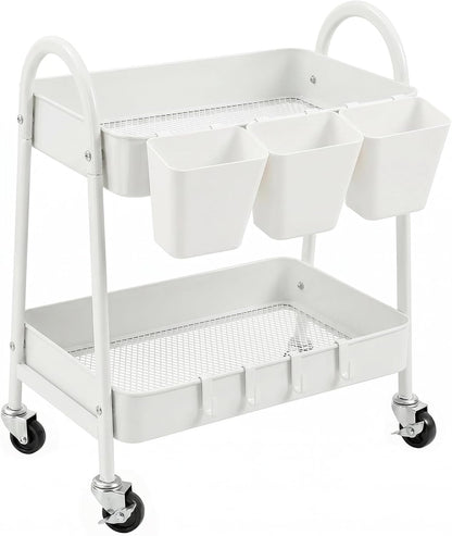 3-Tier Rolling Cart, Utility Cart Mobile Metal Rolling Storage Cart with Lockable Wheels & Hanging Cups & Hooks for Kitchen, Bathroom, Office, Workshop, Yellow