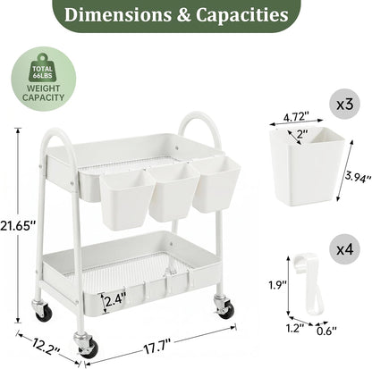 3-Tier Rolling Cart, Utility Cart Mobile Metal Rolling Storage Cart with Lockable Wheels & Hanging Cups & Hooks for Kitchen, Bathroom, Office, Workshop, Yellow