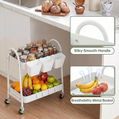 3-Tier Rolling Cart, Utility Cart Mobile Metal Rolling Storage Cart with Lockable Wheels & Hanging Cups & Hooks for Kitchen, Bathroom, Office, Workshop, Yellow