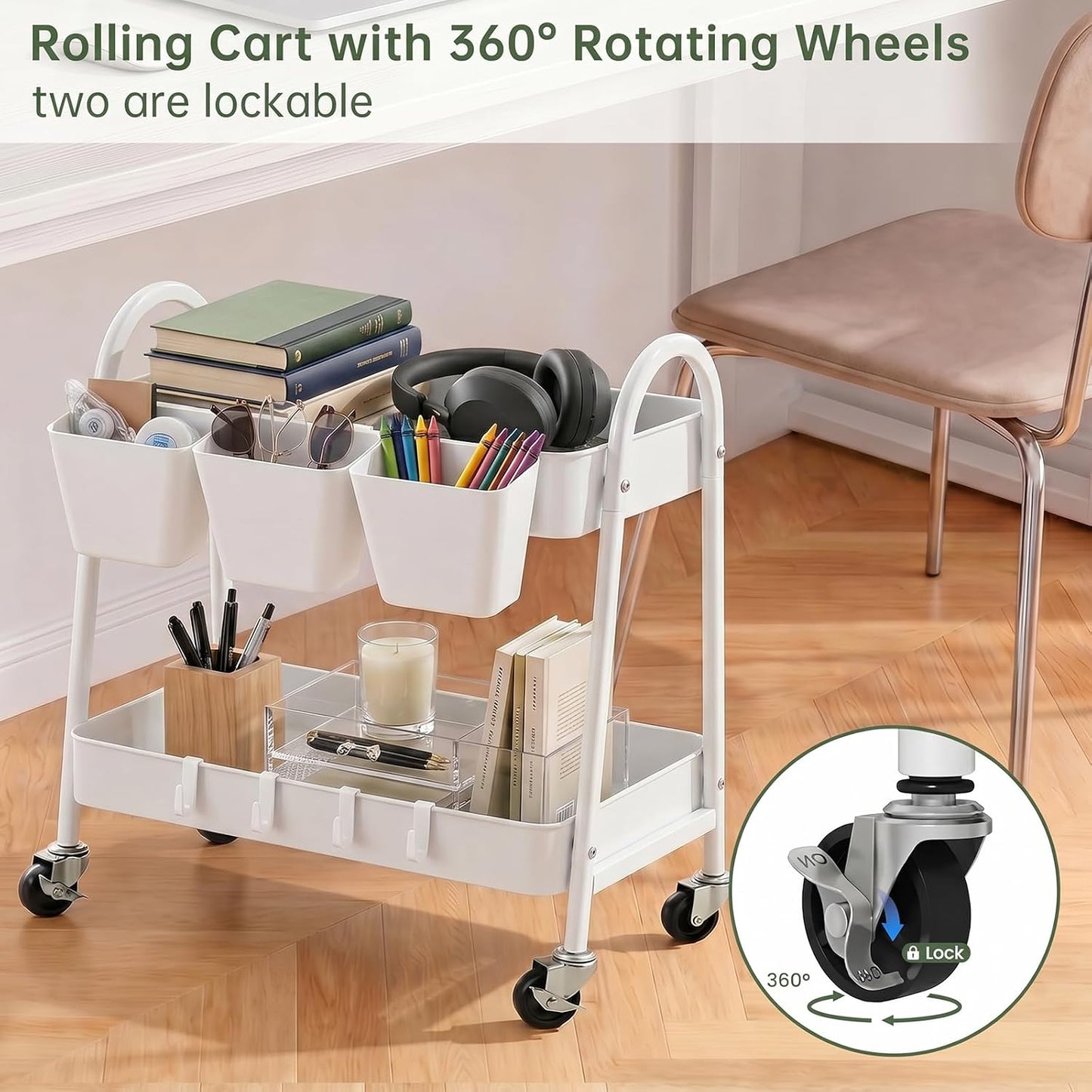 3-Tier Rolling Cart, Utility Cart Mobile Metal Rolling Storage Cart with Lockable Wheels & Hanging Cups & Hooks for Kitchen, Bathroom, Office, Workshop, Yellow