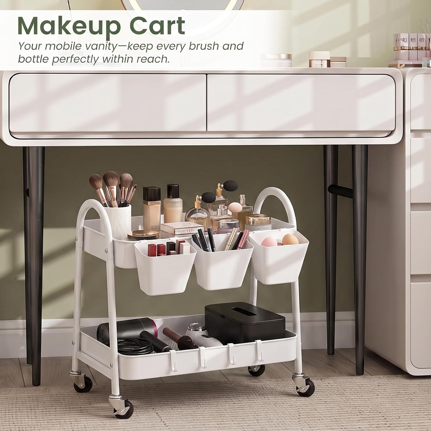 3-Tier Rolling Cart, Utility Cart Mobile Metal Rolling Storage Cart with Lockable Wheels & Hanging Cups & Hooks for Kitchen, Bathroom, Office, Workshop, Yellow