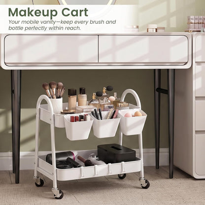 3-Tier Rolling Cart, Utility Cart Mobile Metal Rolling Storage Cart with Lockable Wheels & Hanging Cups & Hooks for Kitchen, Bathroom, Office, Workshop, Yellow