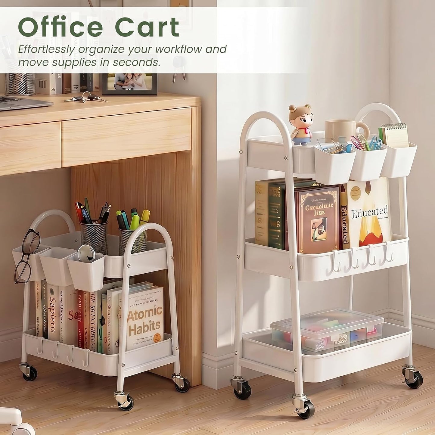 3-Tier Rolling Cart, Utility Cart Mobile Metal Rolling Storage Cart with Lockable Wheels & Hanging Cups & Hooks for Kitchen, Bathroom, Office, Workshop, Yellow