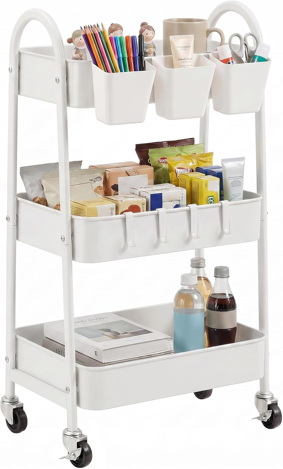 3-Tier Rolling Cart, Utility Cart Mobile Metal Rolling Storage Cart with Lockable Wheels & Hanging Cups & Hooks for Kitchen, Bathroom, Office, Workshop, Yellow