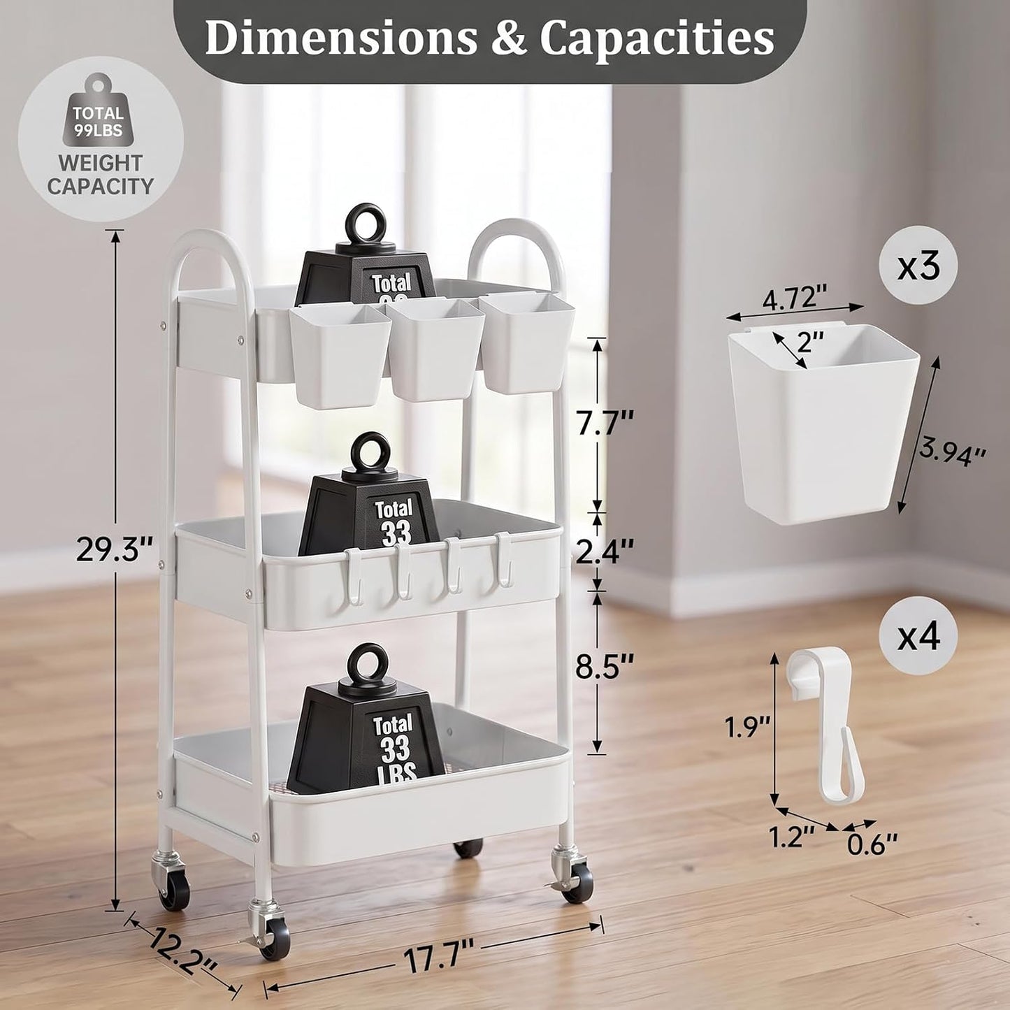 3-Tier Rolling Cart, Utility Cart Mobile Metal Rolling Storage Cart with Lockable Wheels & Hanging Cups & Hooks for Kitchen, Bathroom, Office, Workshop, Yellow
