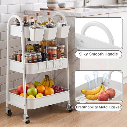 3-Tier Rolling Cart, Utility Cart Mobile Metal Rolling Storage Cart with Lockable Wheels & Hanging Cups & Hooks for Kitchen, Bathroom, Office, Workshop, Yellow