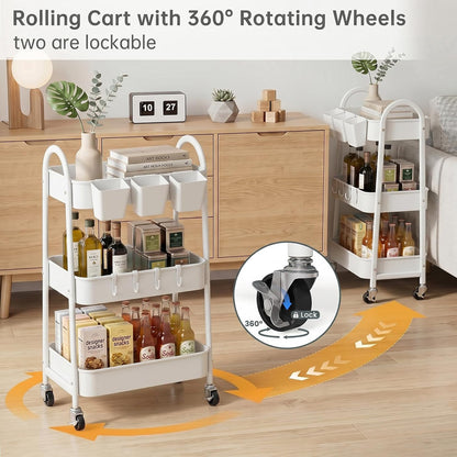 3-Tier Rolling Cart, Utility Cart Mobile Metal Rolling Storage Cart with Lockable Wheels & Hanging Cups & Hooks for Kitchen, Bathroom, Office, Workshop, Yellow