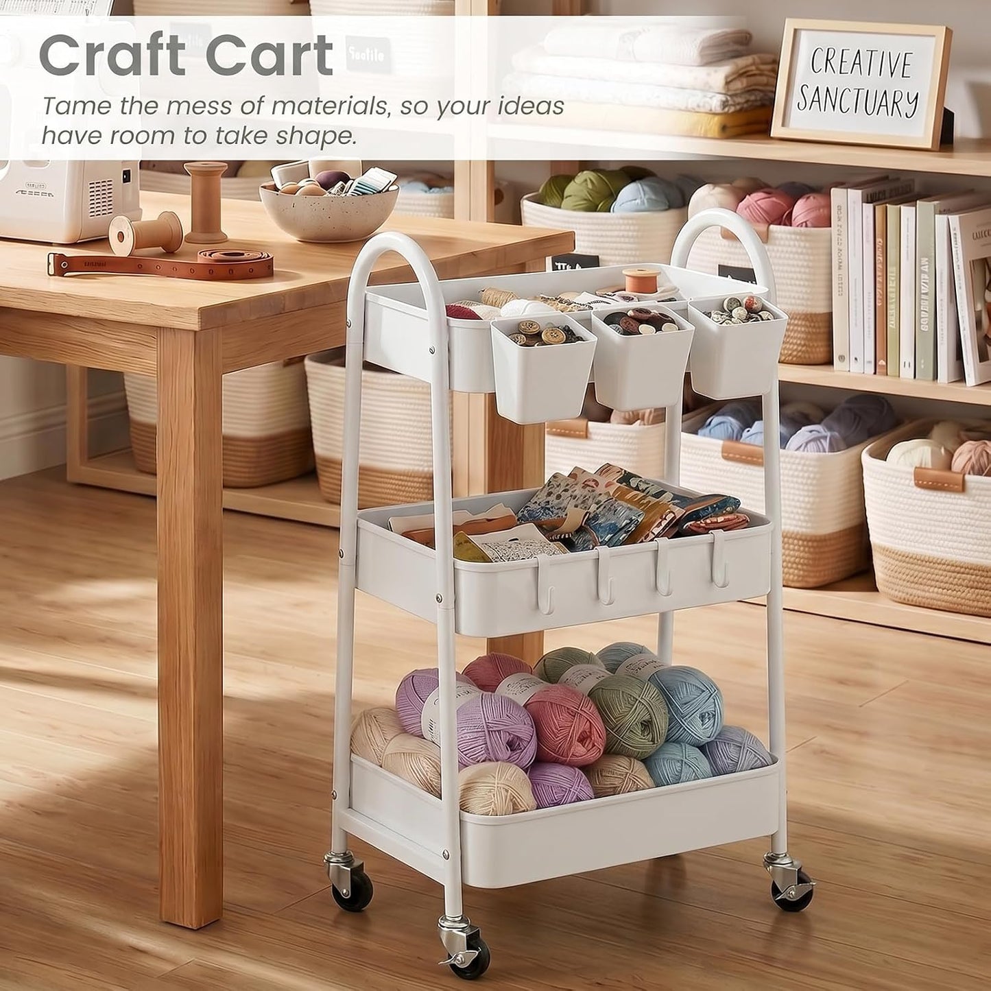 3-Tier Rolling Cart, Utility Cart Mobile Metal Rolling Storage Cart with Lockable Wheels & Hanging Cups & Hooks for Kitchen, Bathroom, Office, Workshop, Yellow