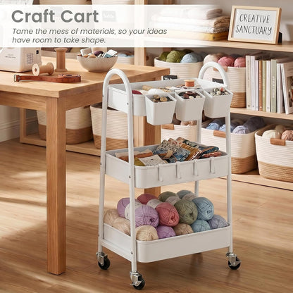 3-Tier Rolling Cart, Utility Cart Mobile Metal Rolling Storage Cart with Lockable Wheels & Hanging Cups & Hooks for Kitchen, Bathroom, Office, Workshop, Yellow