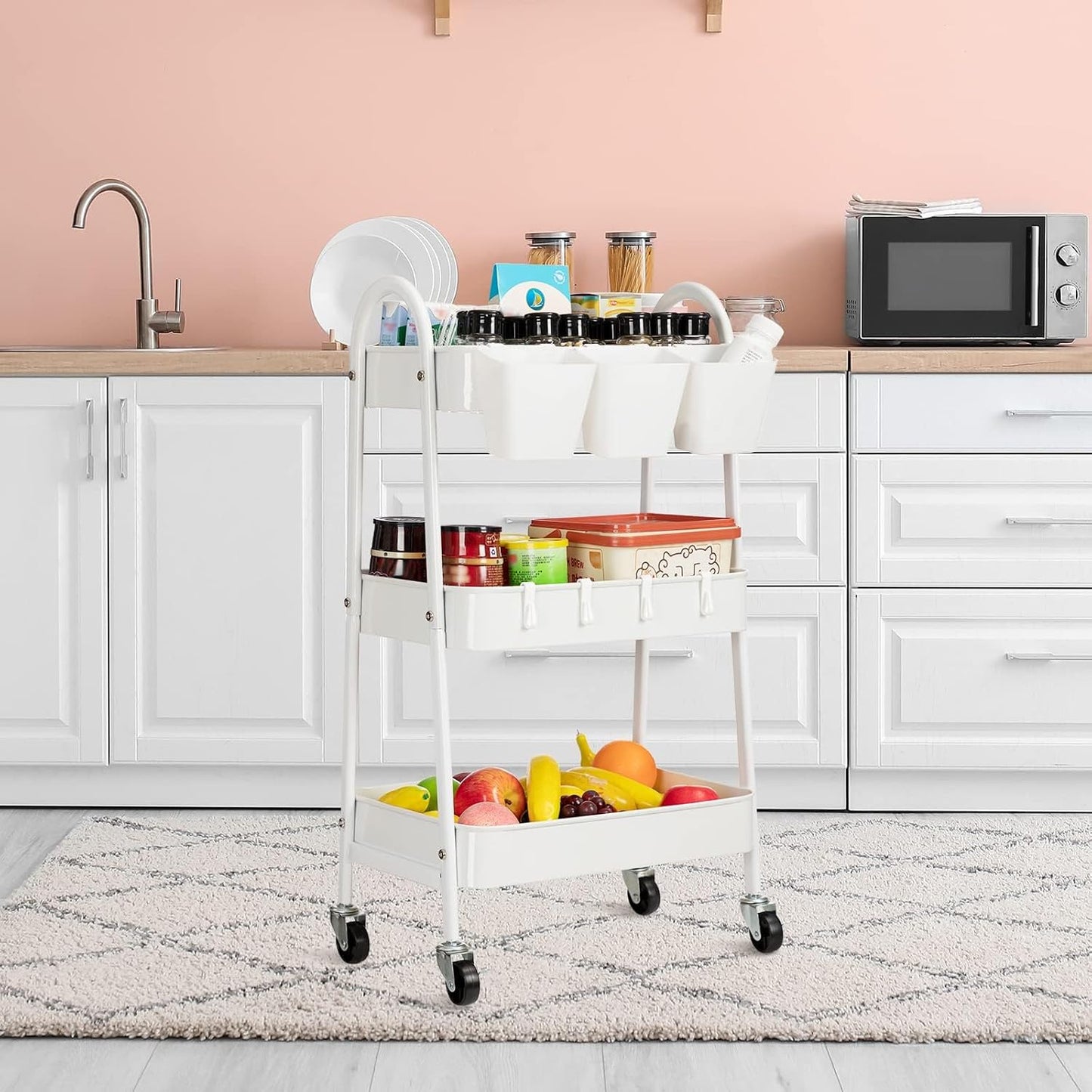 3-Tier Rolling Cart, Utility Cart Mobile Metal Rolling Storage Cart with Lockable Wheels & Hanging Cups & Hooks for Kitchen, Bathroom, Office, Workshop, Yellow