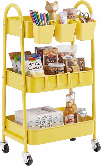3-Tier Rolling Cart, Utility Cart Mobile Metal Rolling Storage Cart with Lockable Wheels & Hanging Cups & Hooks for Kitchen, Bathroom, Office, Workshop, Yellow