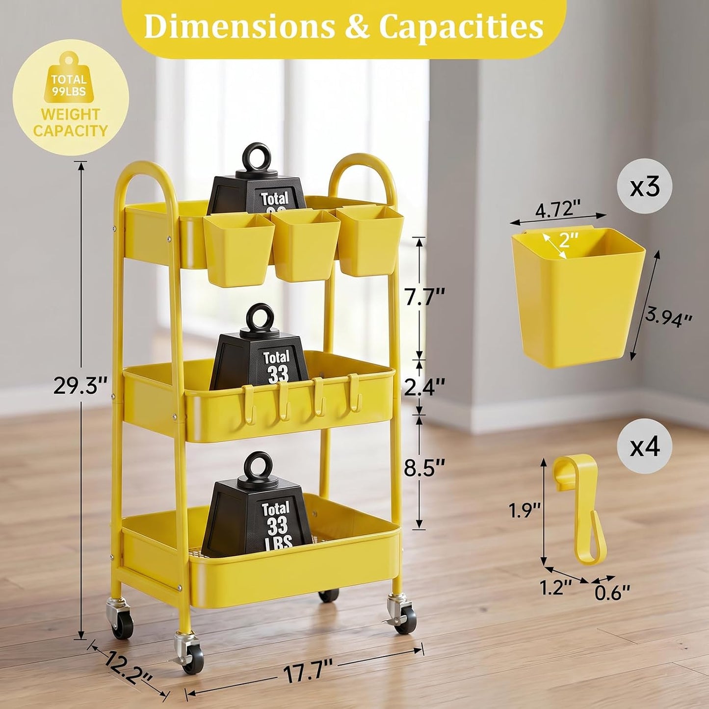 3-Tier Rolling Cart, Utility Cart Mobile Metal Rolling Storage Cart with Lockable Wheels & Hanging Cups & Hooks for Kitchen, Bathroom, Office, Workshop, Yellow