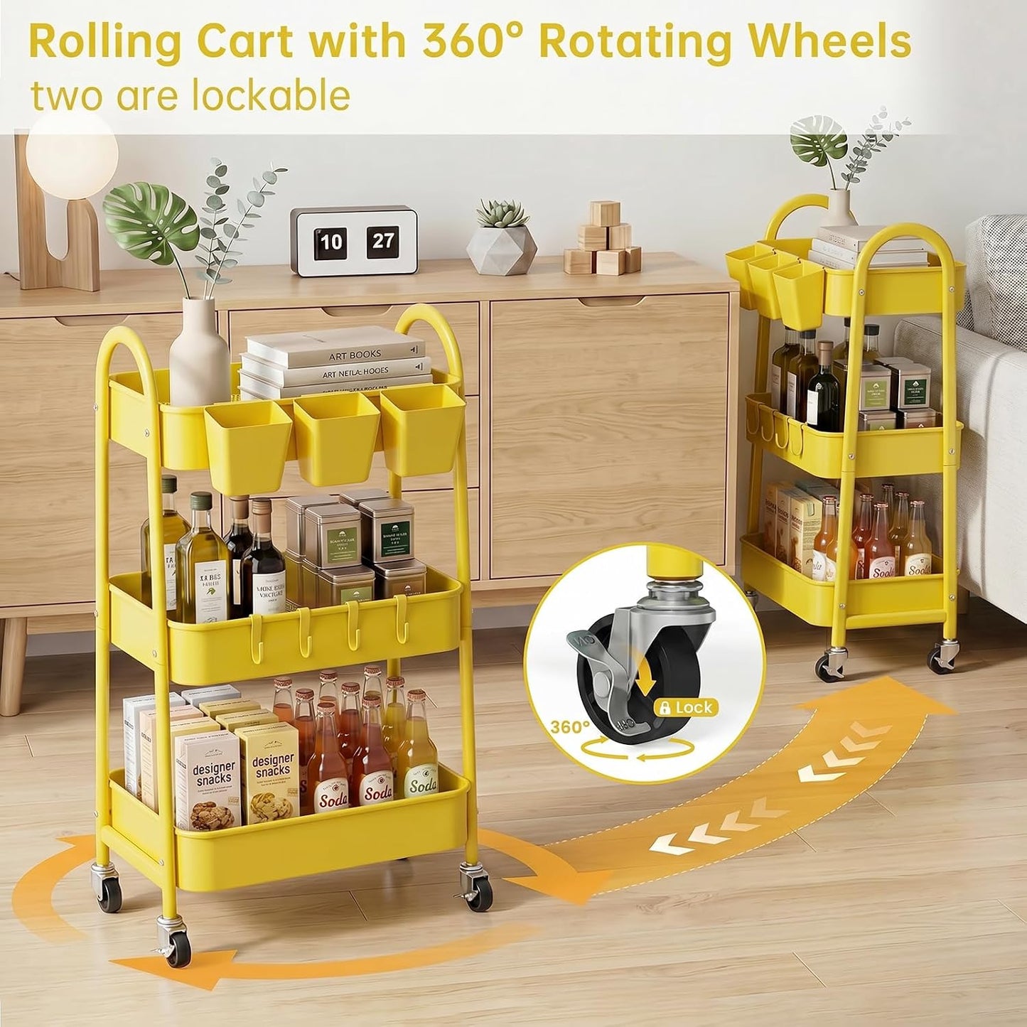3-Tier Rolling Cart, Utility Cart Mobile Metal Rolling Storage Cart with Lockable Wheels & Hanging Cups & Hooks for Kitchen, Bathroom, Office, Workshop, Yellow