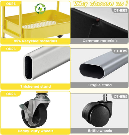 3-Tier Rolling Cart, Utility Cart Mobile Metal Rolling Storage Cart with Lockable Wheels & Hanging Cups & Hooks for Kitchen, Bathroom, Office, Workshop, Yellow