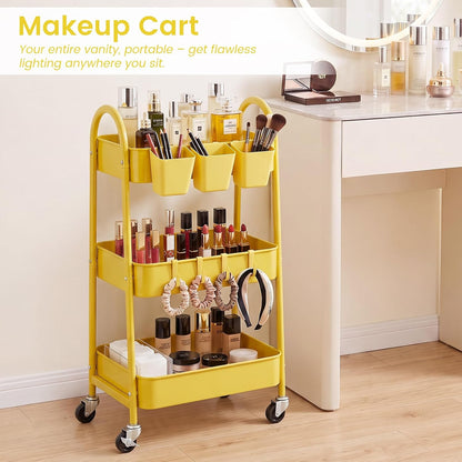 3-Tier Rolling Cart, Utility Cart Mobile Metal Rolling Storage Cart with Lockable Wheels & Hanging Cups & Hooks for Kitchen, Bathroom, Office, Workshop, Yellow