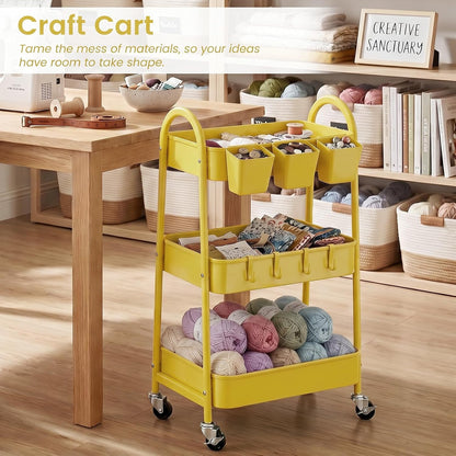 3-Tier Rolling Cart, Utility Cart Mobile Metal Rolling Storage Cart with Lockable Wheels & Hanging Cups & Hooks for Kitchen, Bathroom, Office, Workshop, Yellow