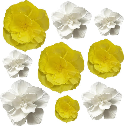 Crepe Paper Flowers Decoration for Wall Total 9 Pcs, Artificial Flowers Backdrop for Wedding Decor Baby Bridal Shower Birthday Party, Yellow White 3D Wall Flowers Decor