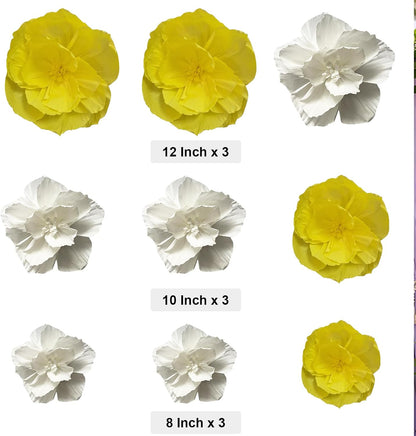 Crepe Paper Flowers Decoration for Wall Total 9 Pcs, Artificial Flowers Backdrop for Wedding Decor Baby Bridal Shower Birthday Party, Yellow White 3D Wall Flowers Decor