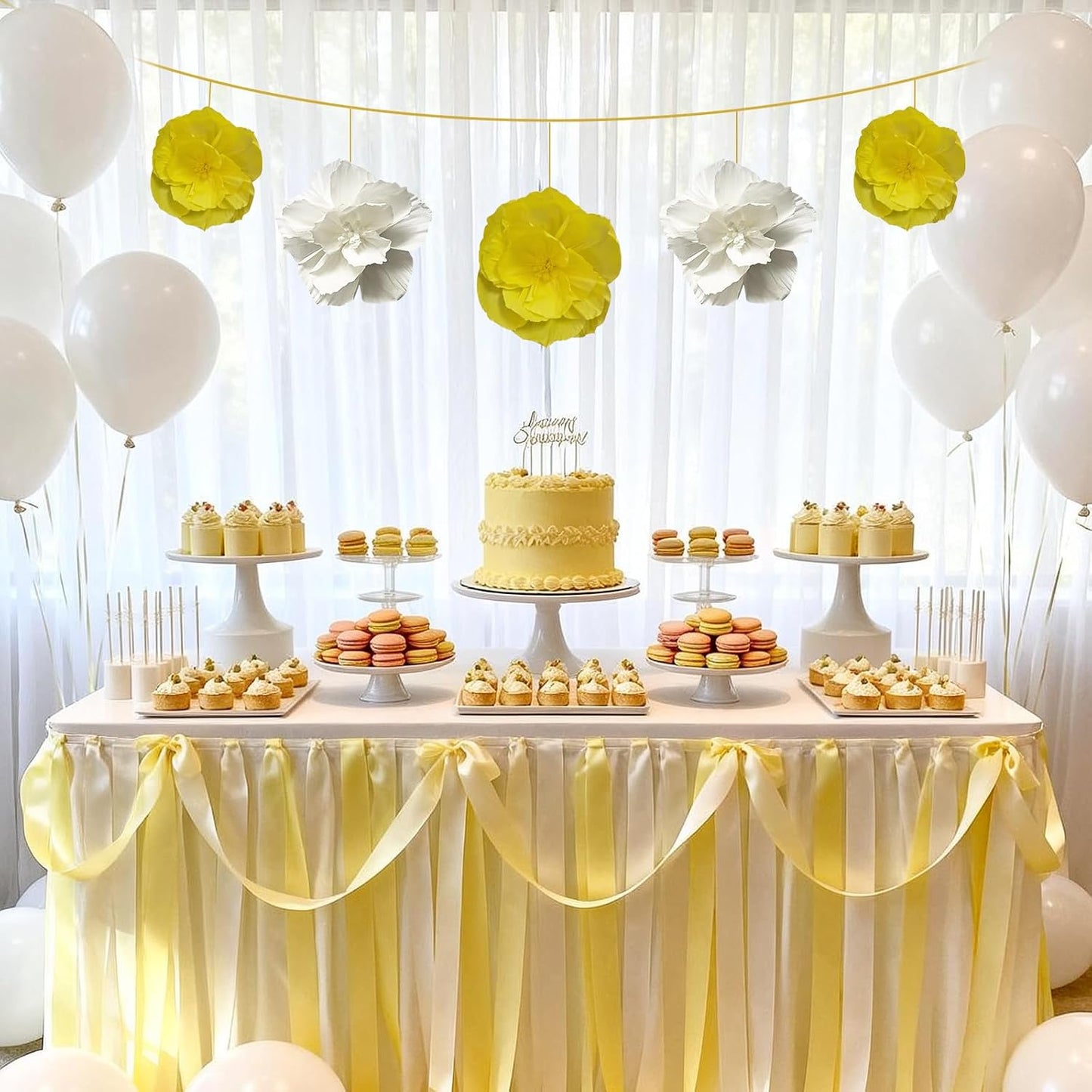Crepe Paper Flowers Decoration for Wall Total 9 Pcs, Artificial Flowers Backdrop for Wedding Decor Baby Bridal Shower Birthday Party, Yellow White 3D Wall Flowers Decor