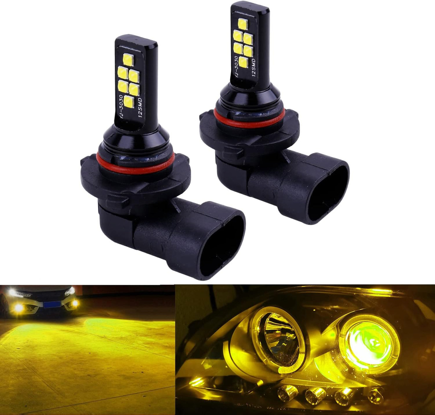 2x HB3 H10 9005 9145 LED Fog Light Bulb for Powersports Advanced 3030 SMD Bright Colorful Daytime Running DRL Lamp, Golden Yellow