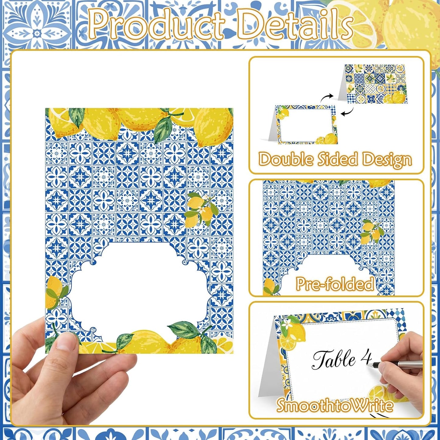 Lemon Place Cards Decor - 48 Pcs Yellow and Blue Lemon Place Cards for Table Setting, Lemons Coast Birthday Party Decorations for Bridal Shower Wedding