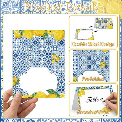 Lemon Place Cards Decor - 48 Pcs Yellow and Blue Lemon Place Cards for Table Setting, Lemons Coast Birthday Party Decorations for Bridal Shower Wedding