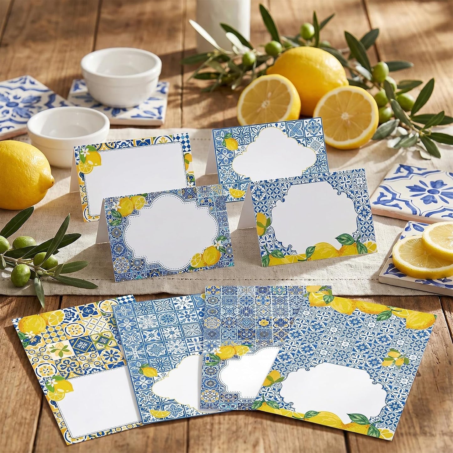 Lemon Place Cards Decor - 48 Pcs Yellow and Blue Lemon Place Cards for Table Setting, Lemons Coast Birthday Party Decorations for Bridal Shower Wedding