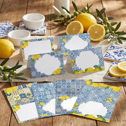 Lemon Place Cards Decor - 48 Pcs Yellow and Blue Lemon Place Cards for Table Setting, Lemons Coast Birthday Party Decorations for Bridal Shower Wedding